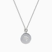 The Zodiac 925 Sterling Silver and Diamond Virgo Necklace features a round sterling silver pendant with a Virgo engraving, suspended on a beaded chain and shown against a white background.