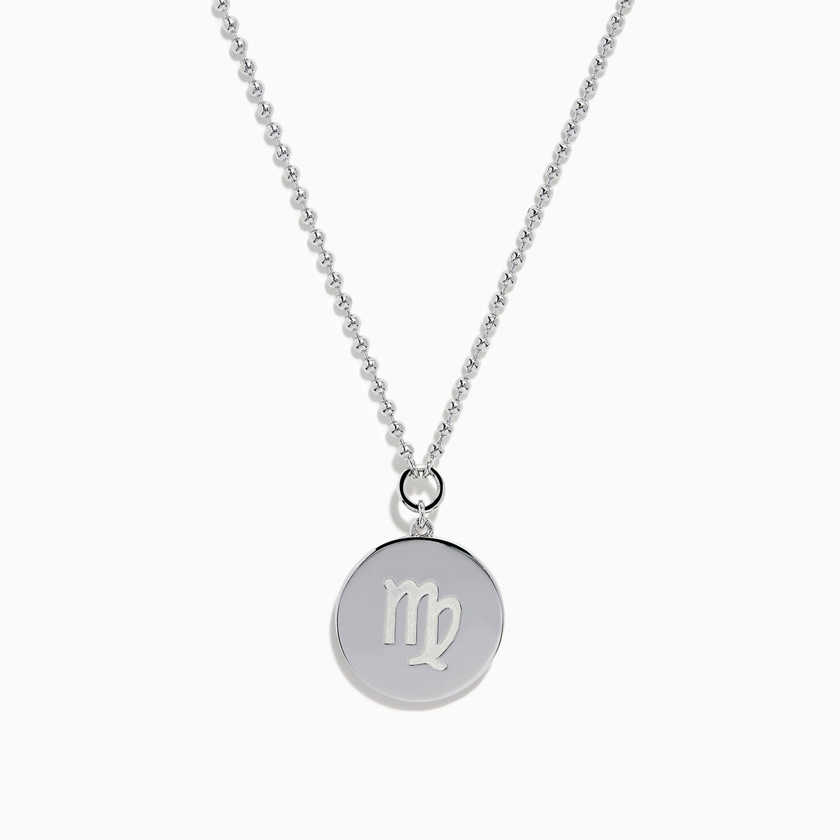 The Zodiac 925 Sterling Silver and Diamond Virgo Necklace features a round sterling silver pendant with a Virgo engraving, suspended on a beaded chain and shown against a white background.
