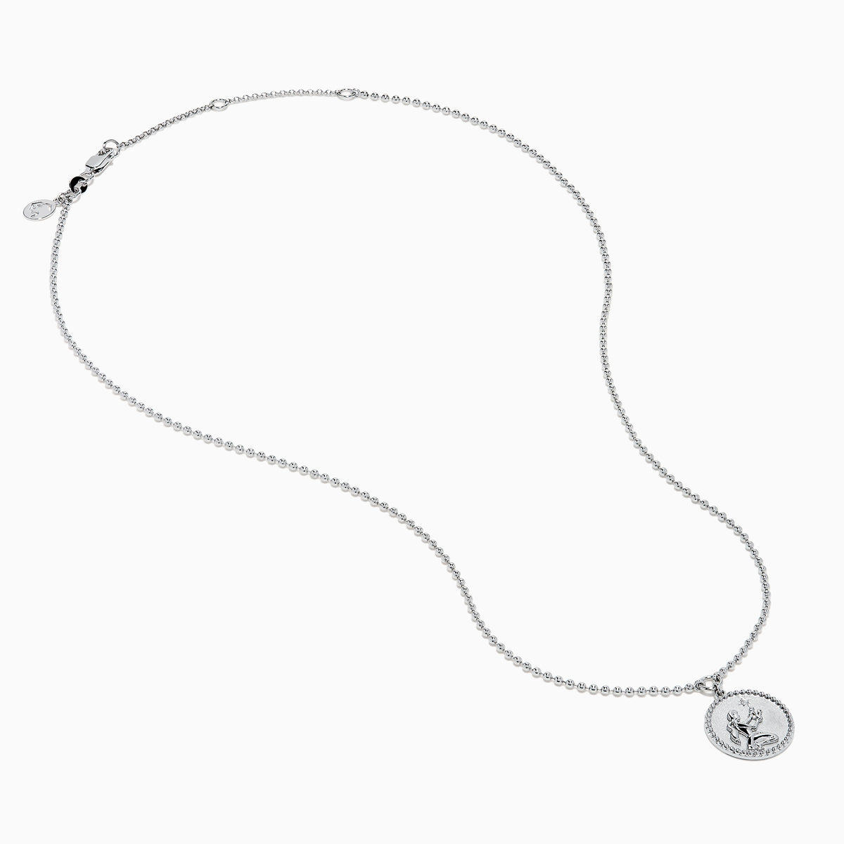 The Zodiac 925 Sterling Silver and Diamond Virgo Necklace features a round sterling silver pendant with a Virgo engraving, suspended on a beaded chain and shown against a white background.