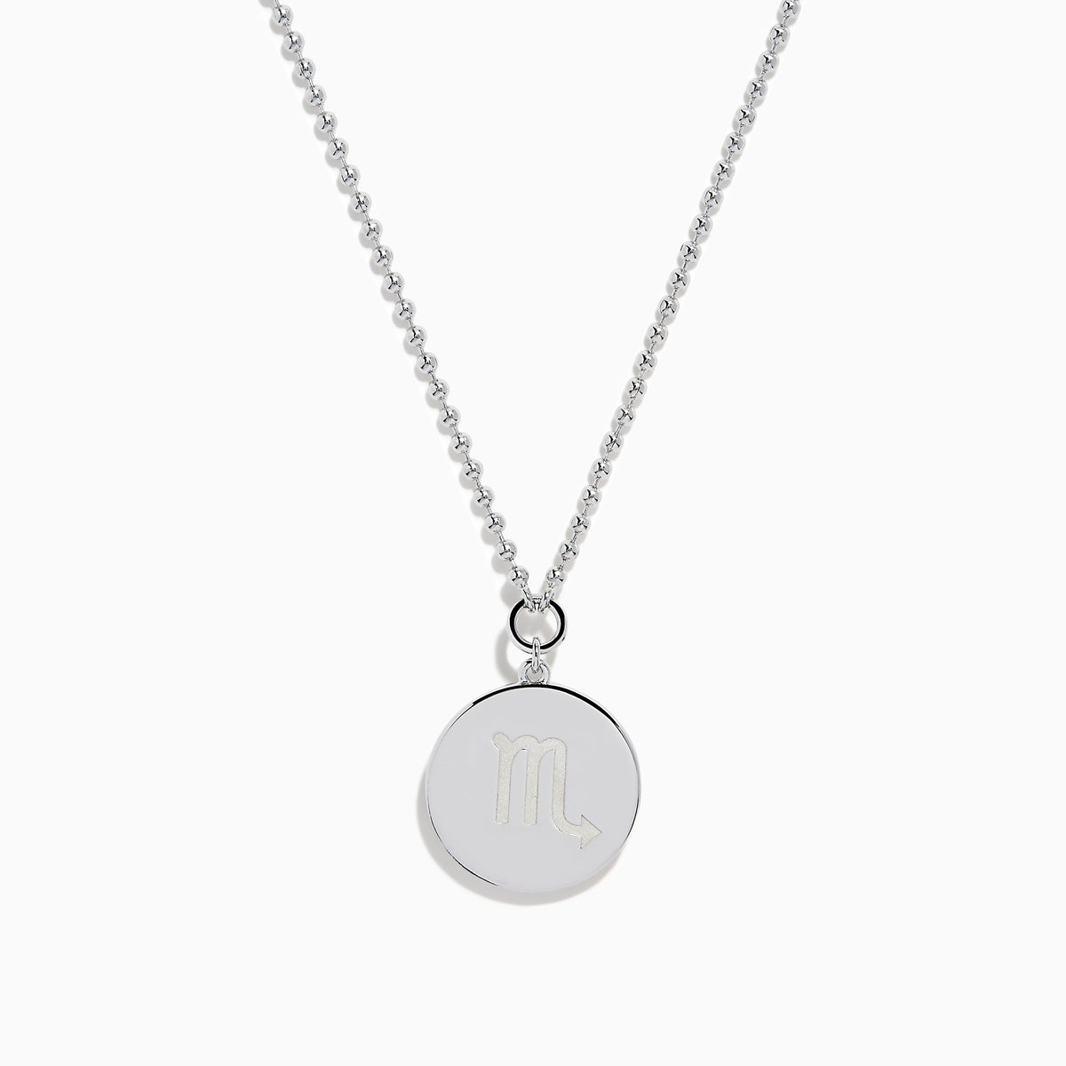 The Zodiac 925 Sterling Silver and Diamond Scorpio Necklace features a round, textured pendant with an engraved scorpion design, hanging from a beaded chain against a white background.