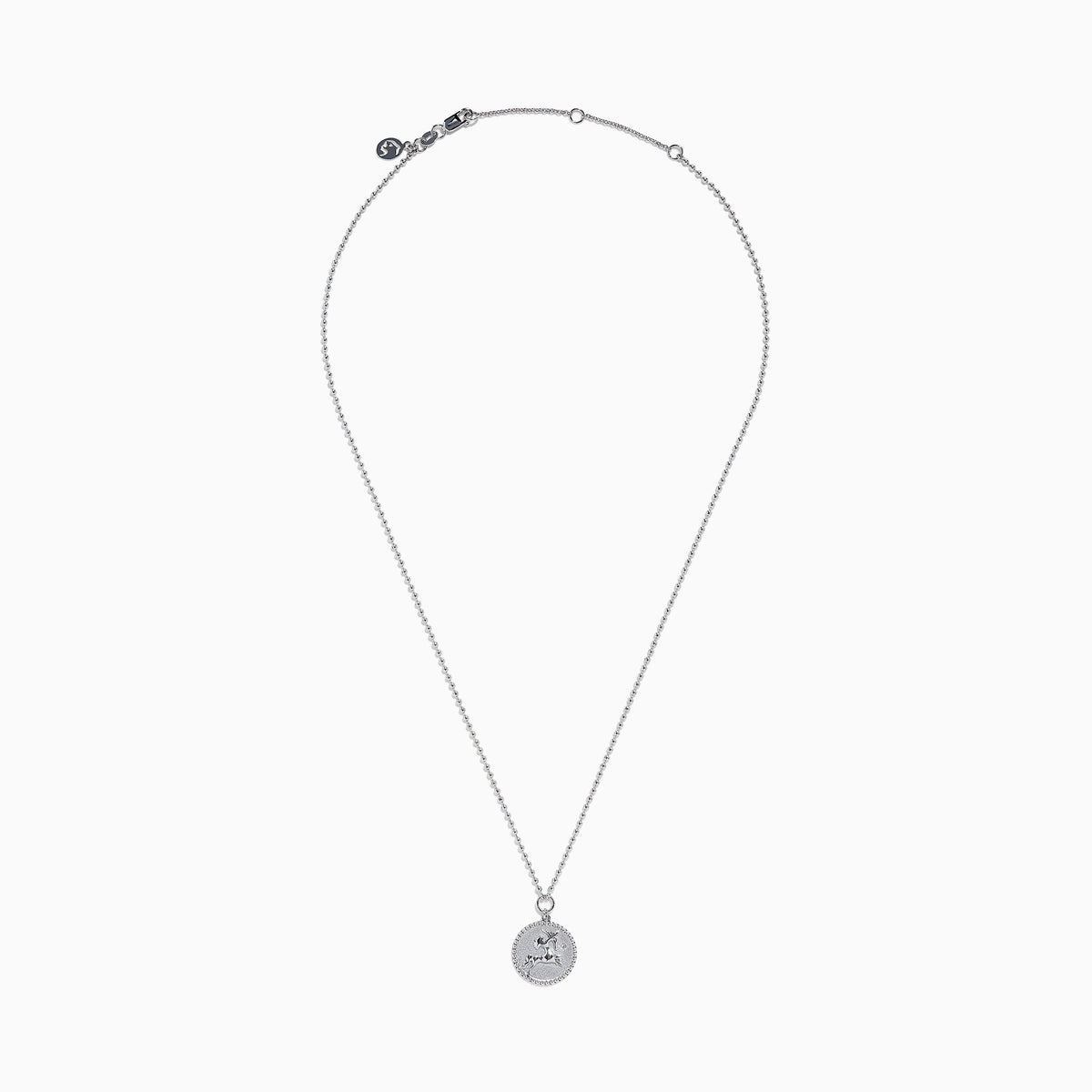 The Zodiac 925 Sterling Silver and Diamond Sagittarius Necklace features a round pendant with an engraved horse and rider, beaded edge design, and is perfect for Sagittarius lovers. Displayed on a white background.