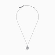 The Zodiac 925 Sterling Silver and Diamond Sagittarius Necklace features a round pendant with an engraved horse and rider, beaded edge design, and is perfect for Sagittarius lovers. Displayed on a white background.