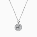 The Zodiac 925 Sterling Silver and Diamond Sagittarius Necklace features a round pendant with an engraved horse and rider, beaded edge design, and is perfect for Sagittarius lovers. Displayed on a white background.