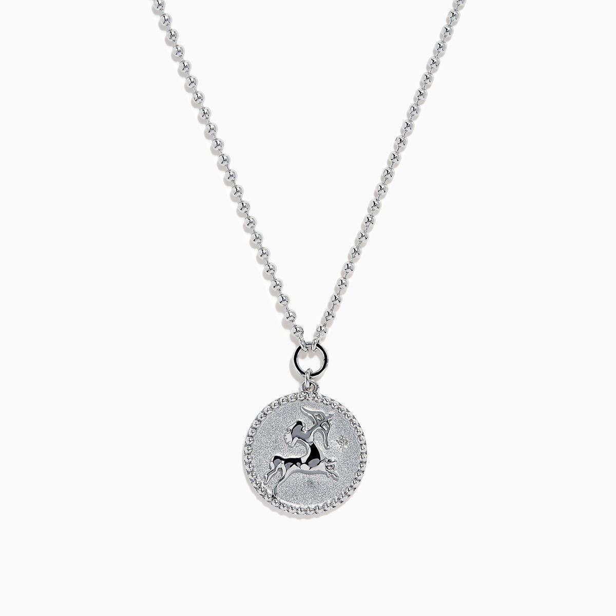The Zodiac 925 Sterling Silver and Diamond Sagittarius Necklace features a round pendant with an engraved horse and rider, beaded edge design, and is perfect for Sagittarius lovers. Displayed on a white background.