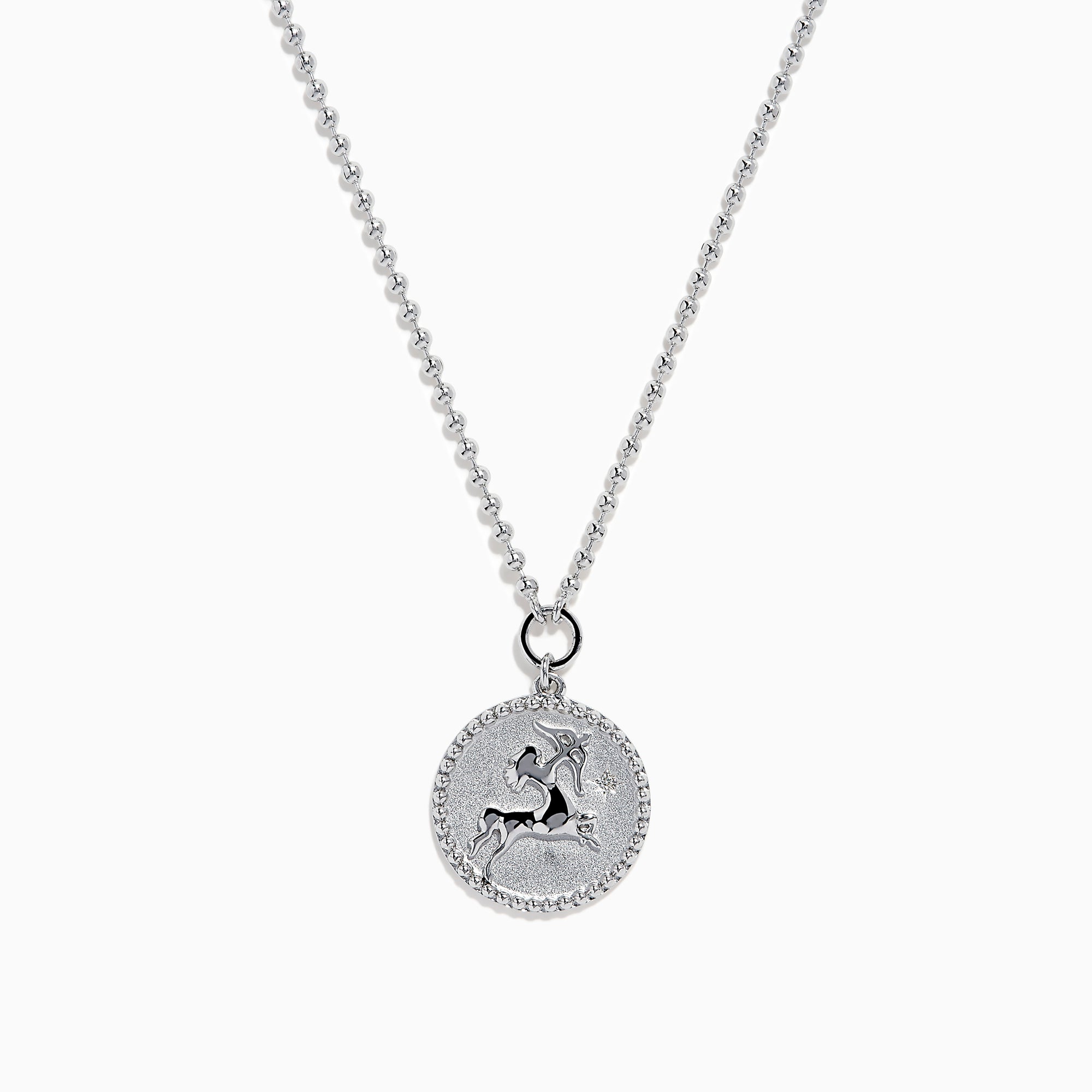 The Zodiac 925 Sterling Silver and Diamond Sagittarius Necklace features a round pendant with an engraved horse and rider, beaded edge design, and is perfect for Sagittarius lovers. Displayed on a white background.
