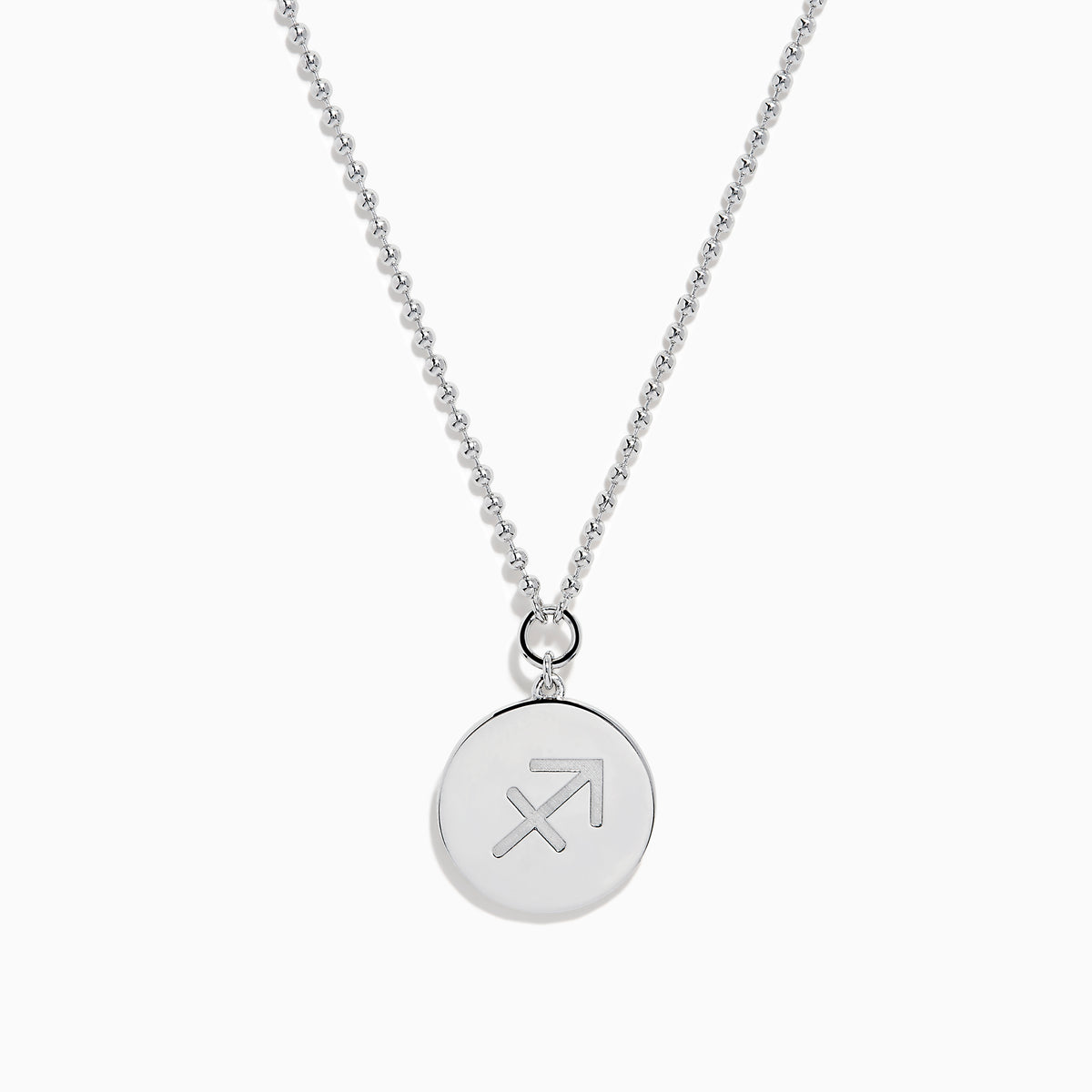 The Zodiac 925 Sterling Silver and Diamond Sagittarius Necklace features a round pendant with an engraved horse and rider, beaded edge design, and is perfect for Sagittarius lovers. Displayed on a white background.