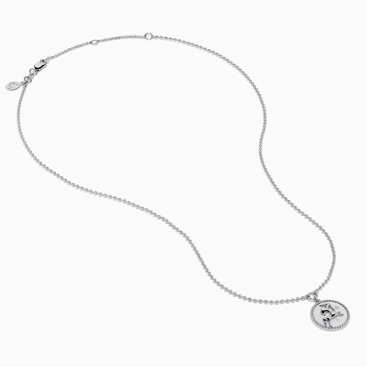 The Zodiac 925 Sterling Silver and Diamond Sagittarius Necklace features a round pendant with an engraved horse and rider, beaded edge design, and is perfect for Sagittarius lovers. Displayed on a white background.