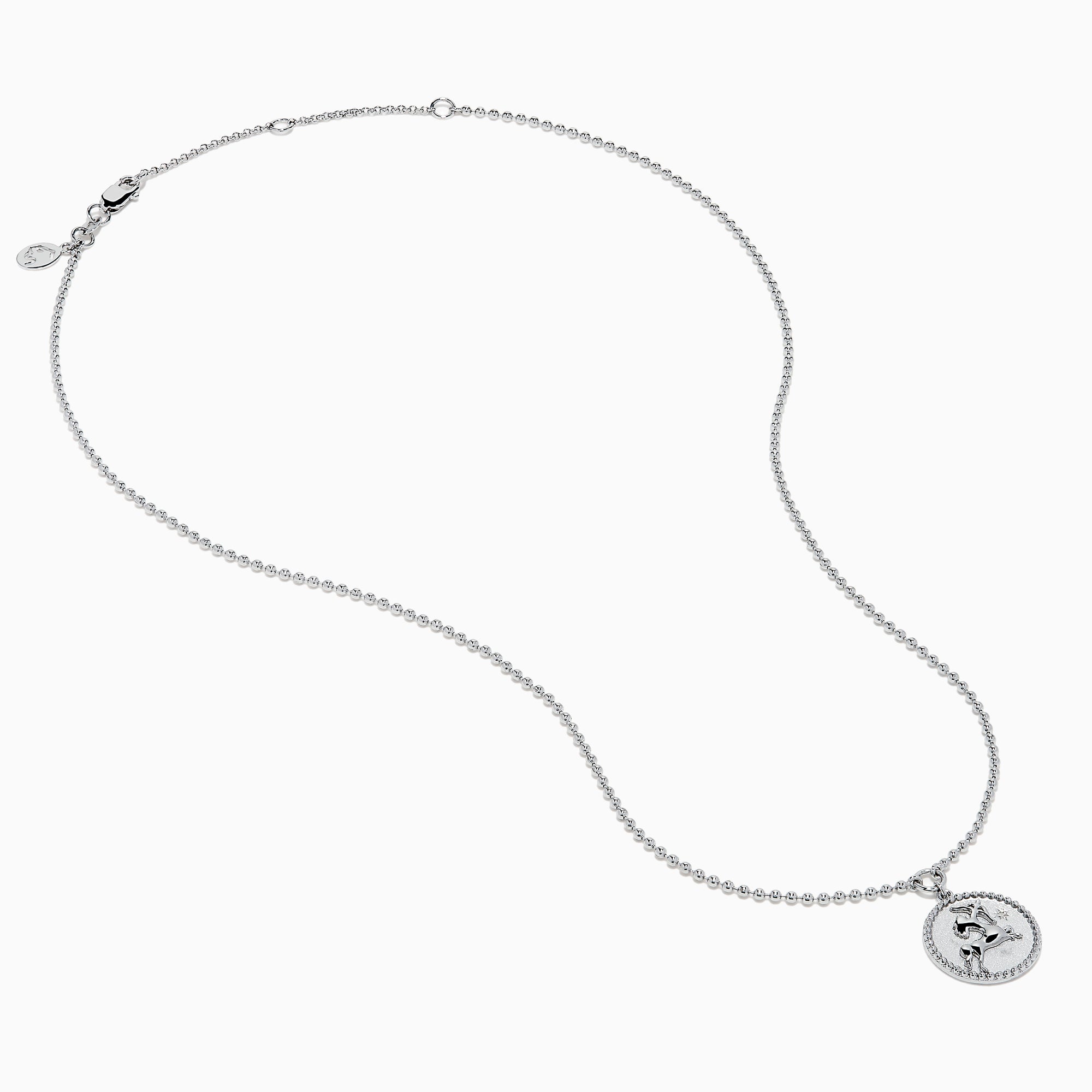 The Zodiac 925 Sterling Silver and Diamond Sagittarius Necklace features a round pendant with an engraved horse and rider, beaded edge design, and is perfect for Sagittarius lovers. Displayed on a white background.