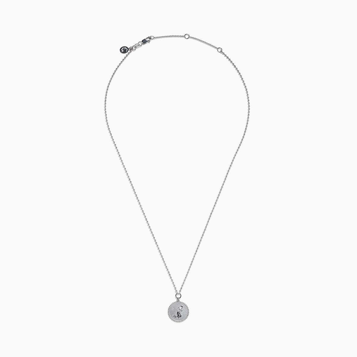 The Zodiac 925 Sterling Silver and Diamond Aquarius Necklace features a round, textured pendant engraved with a kneeling figure in prayer, offering a subtle yet meaningful tribute to the Aquarius sign.
