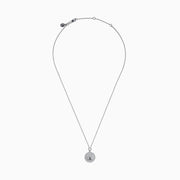 The Zodiac 925 Sterling Silver and Diamond Aquarius Necklace features a round, textured pendant engraved with a kneeling figure in prayer, offering a subtle yet meaningful tribute to the Aquarius sign.