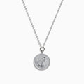 The Zodiac 925 Sterling Silver and Diamond Aquarius Necklace features a round, textured pendant engraved with a kneeling figure in prayer, offering a subtle yet meaningful tribute to the Aquarius sign.