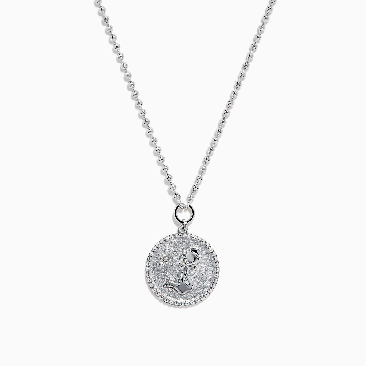 The Zodiac 925 Sterling Silver and Diamond Aquarius Necklace features a round, textured pendant engraved with a kneeling figure in prayer, offering a subtle yet meaningful tribute to the Aquarius sign.
