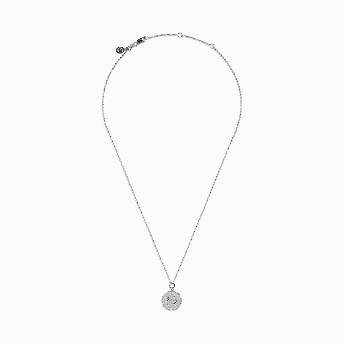 The Zodiac 925 Sterling Silver and Diamond Pisces Necklace features a beaded chain and a round pendant engraved with two dolphins, shown against a white background.
