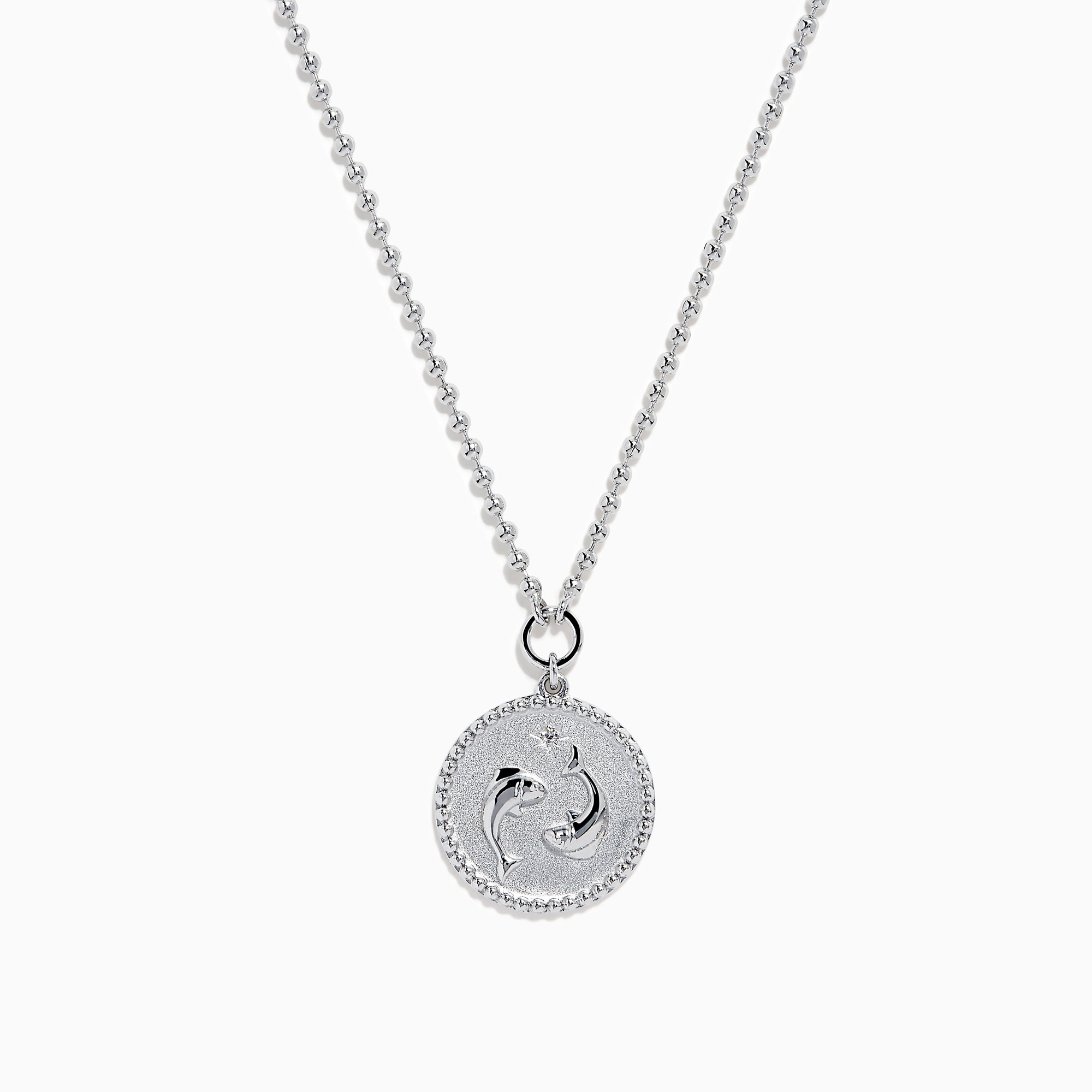 The Zodiac 925 Sterling Silver and Diamond Pisces Necklace features a beaded chain and a round pendant engraved with two dolphins, shown against a white background.