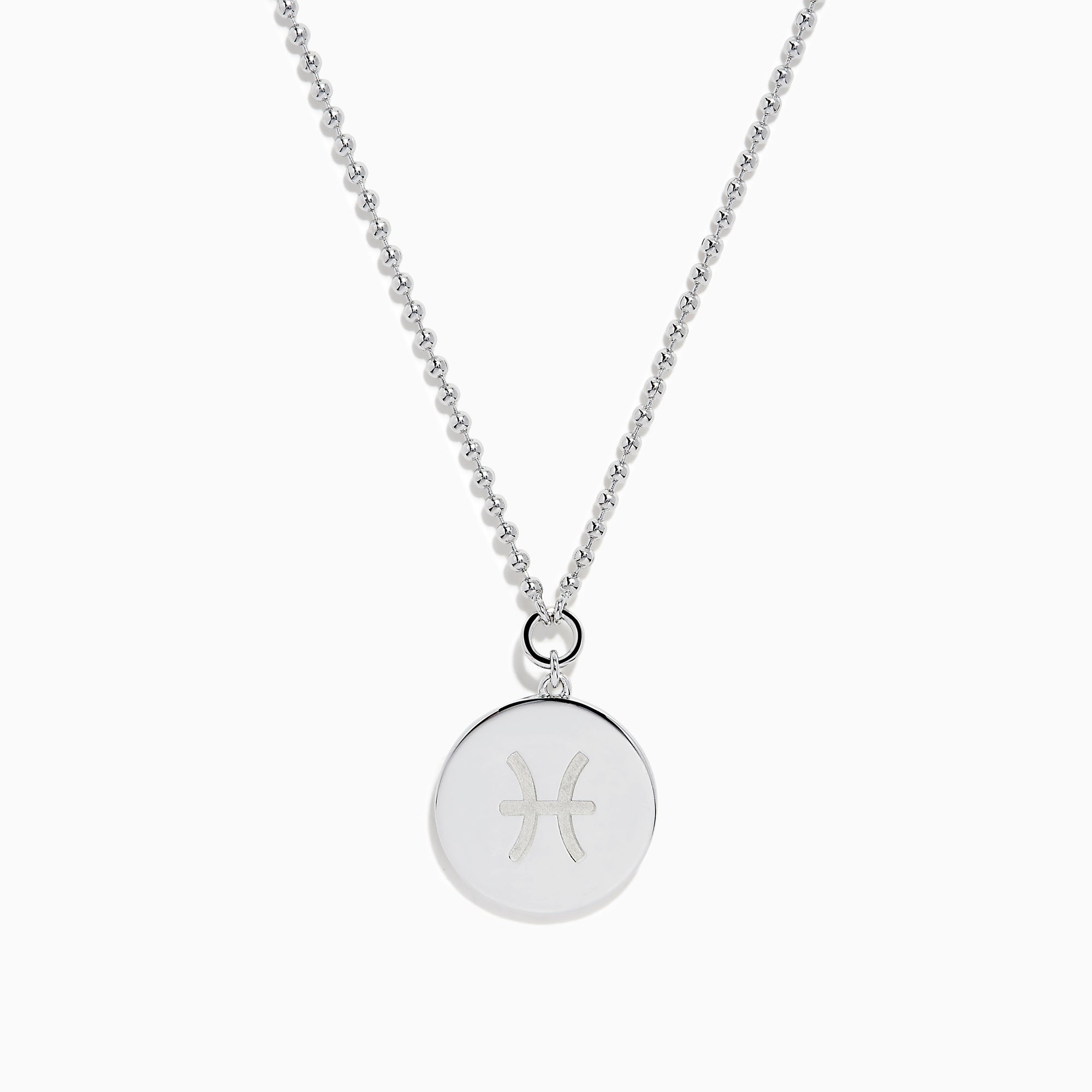 The Zodiac 925 Sterling Silver and Diamond Pisces Necklace features a beaded chain and a round pendant engraved with two dolphins, shown against a white background.