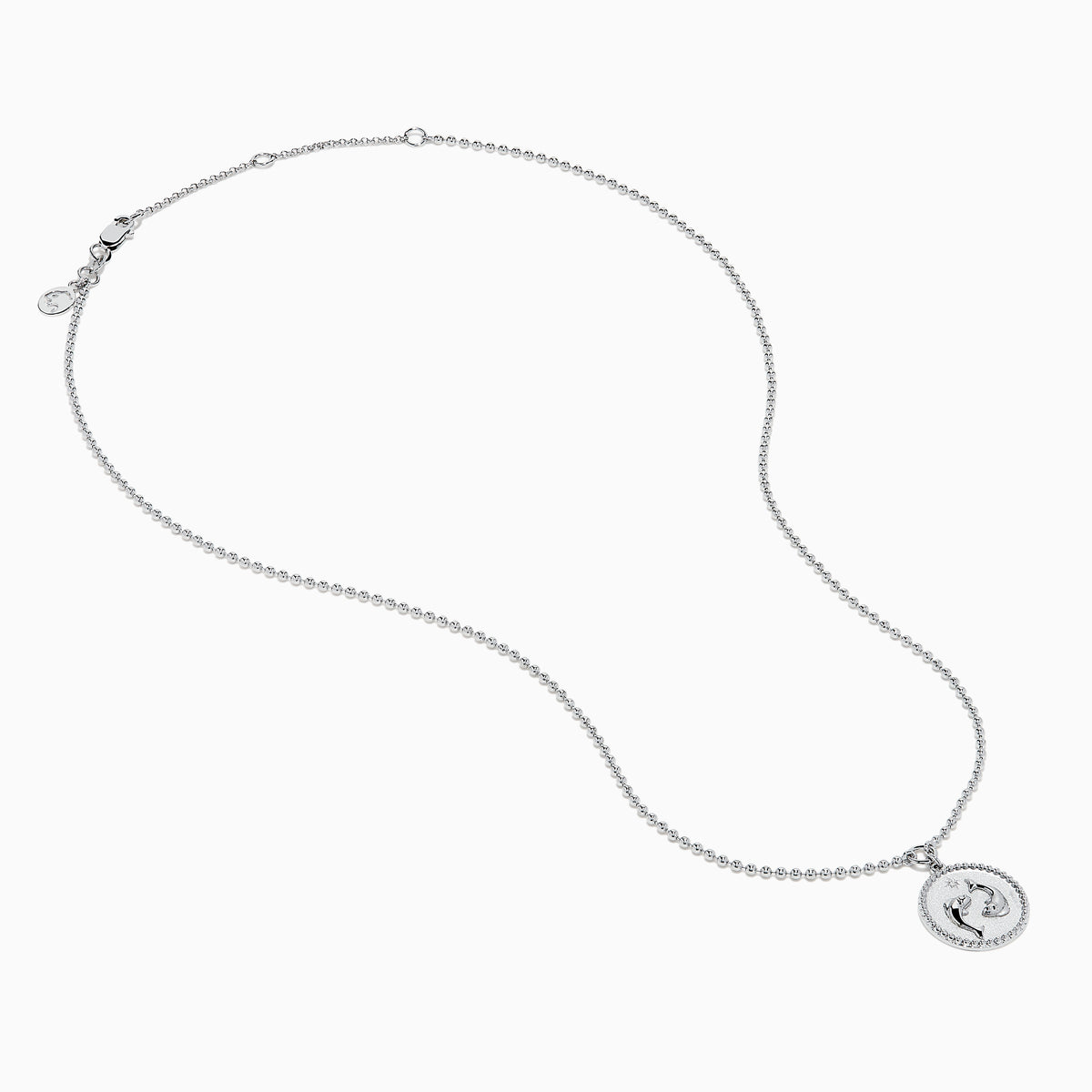 The Zodiac 925 Sterling Silver and Diamond Pisces Necklace features a beaded chain and a round pendant engraved with two dolphins, shown against a white background.