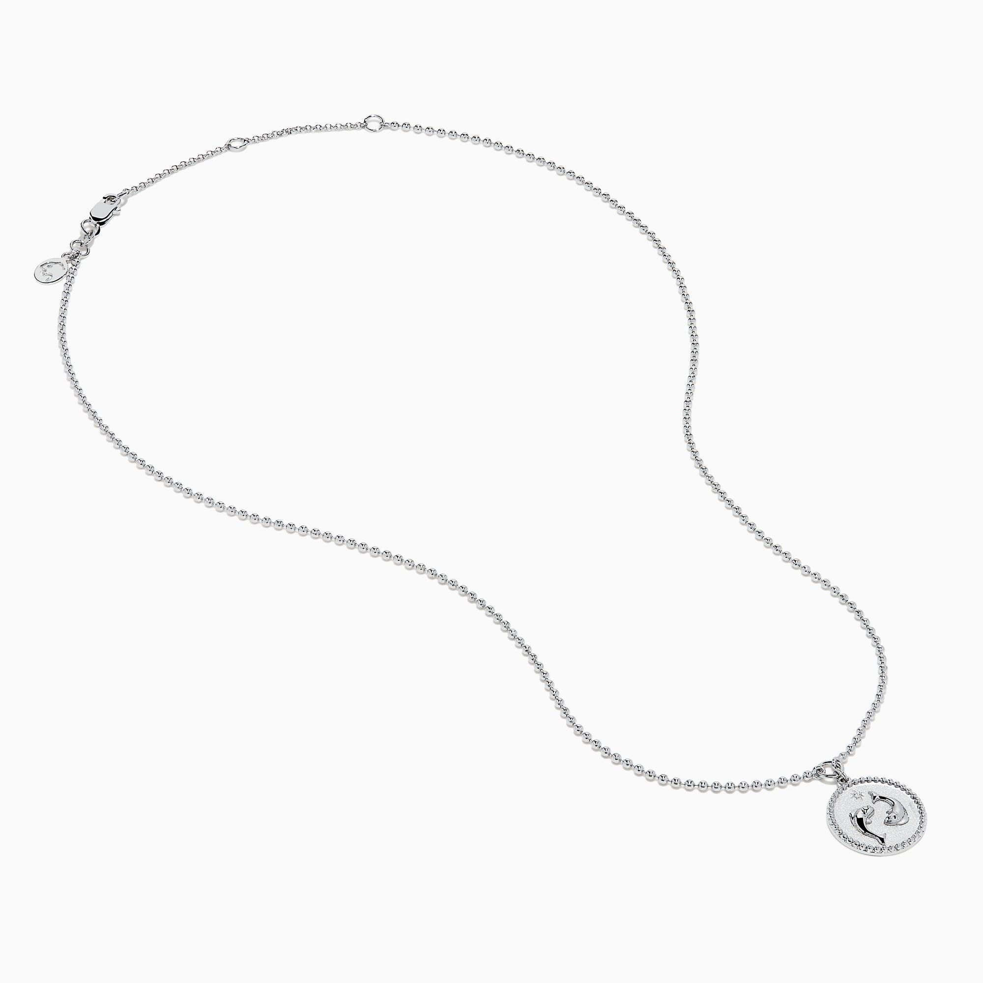 The Zodiac 925 Sterling Silver and Diamond Pisces Necklace features a beaded chain and a round pendant engraved with two dolphins, shown against a white background.