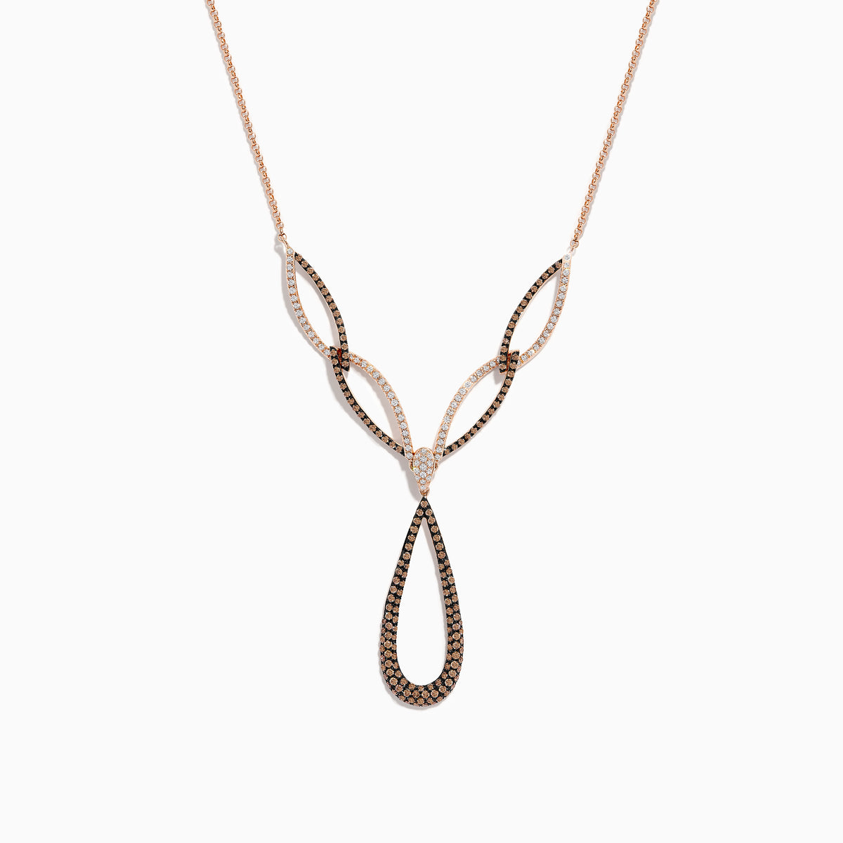 The 14K Rose Gold Brown and White Diamond Necklace features interlocking teardrop and marquise-shaped links set with sparkling brown and white diamonds for an elegant, intricate look.