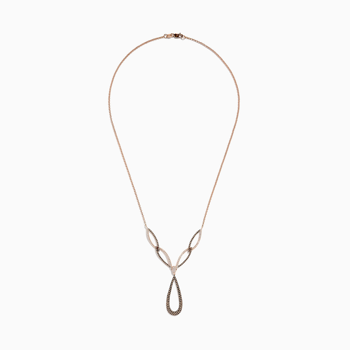 The 14K Rose Gold Brown and White Diamond Necklace features interlocking teardrop and marquise-shaped links set with sparkling brown and white diamonds for an elegant, intricate look.