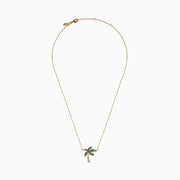The 14K Yellow Gold Tsavorite and Diamond Palm Tree Pendant features green tsavorite and diamond accents on a simple gold chain, shown on a white background.