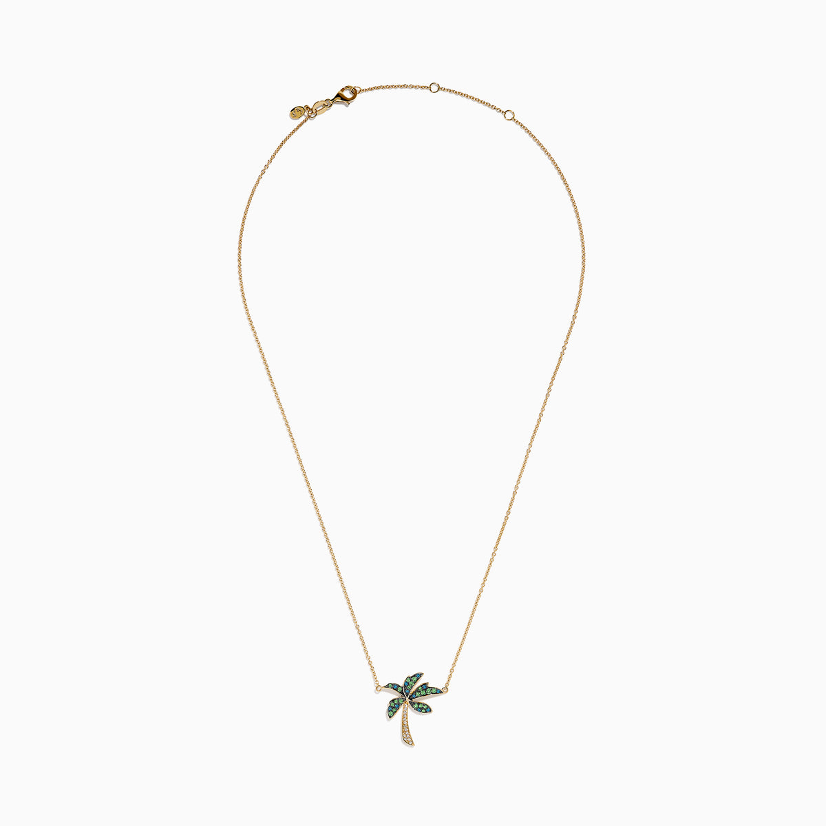 The 14K Yellow Gold Tsavorite and Diamond Palm Tree Pendant features green tsavorite and diamond accents on a simple gold chain, shown on a white background.
