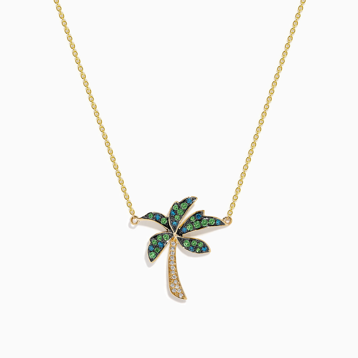The 14K Yellow Gold Tsavorite and Diamond Palm Tree Pendant features green tsavorite and diamond accents on a simple gold chain, shown on a white background.