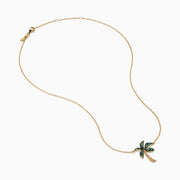 The 14K Yellow Gold Tsavorite and Diamond Palm Tree Pendant features green tsavorite and diamond accents on a simple gold chain, shown on a white background.