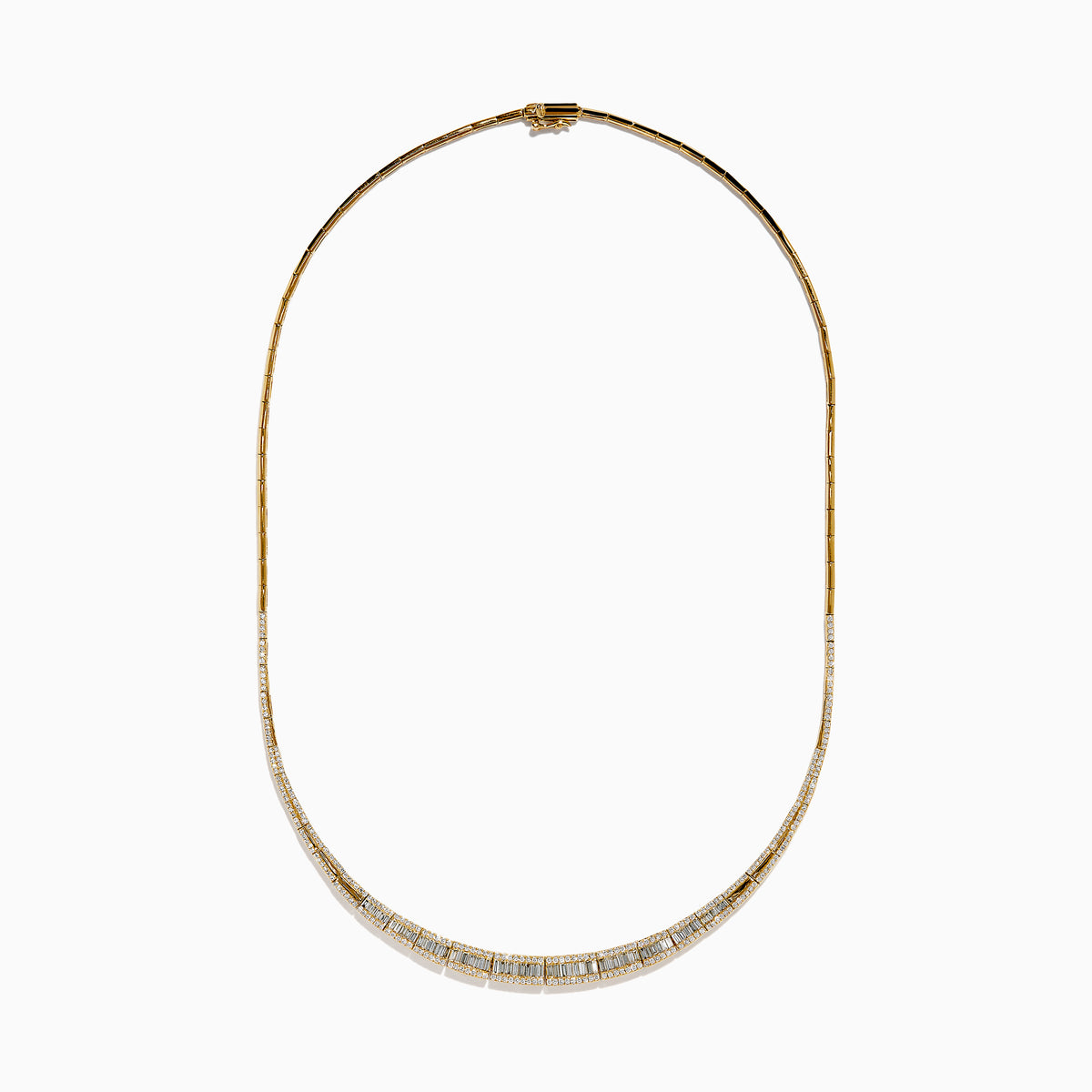 The 14K Yellow Gold Diamond Graduating Collar Necklace features a stunning curved design with alternating rectangular diamond segments and polished gold, showcased elegantly on a white background.