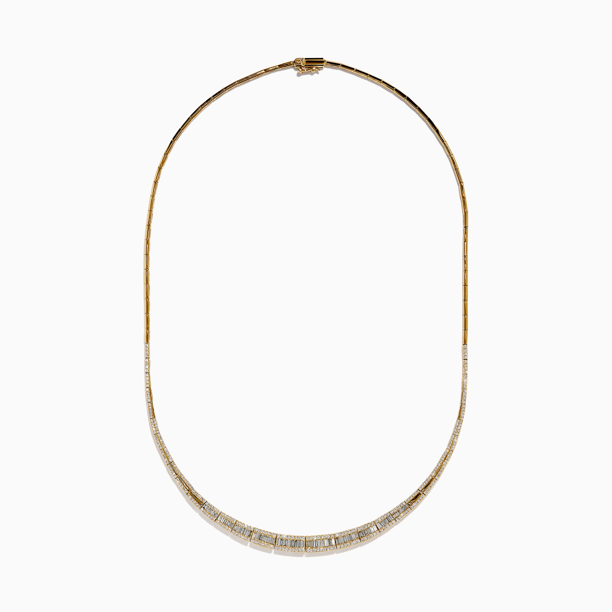 The 14K Yellow Gold Diamond Graduating Collar Necklace features a stunning curved design with alternating rectangular diamond segments and polished gold, showcased elegantly on a white background.