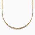 The 14K Yellow Gold Diamond Graduating Collar Necklace features a stunning curved design with alternating rectangular diamond segments and polished gold, showcased elegantly on a white background.