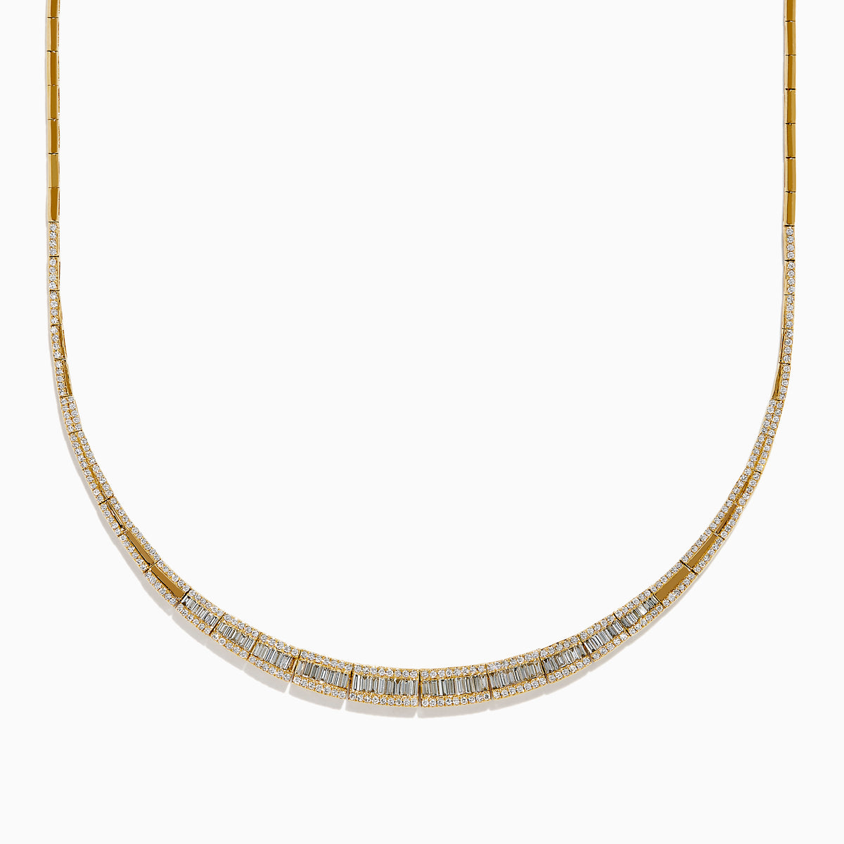 The 14K Yellow Gold Diamond Graduating Collar Necklace features a stunning curved design with alternating rectangular diamond segments and polished gold, showcased elegantly on a white background.