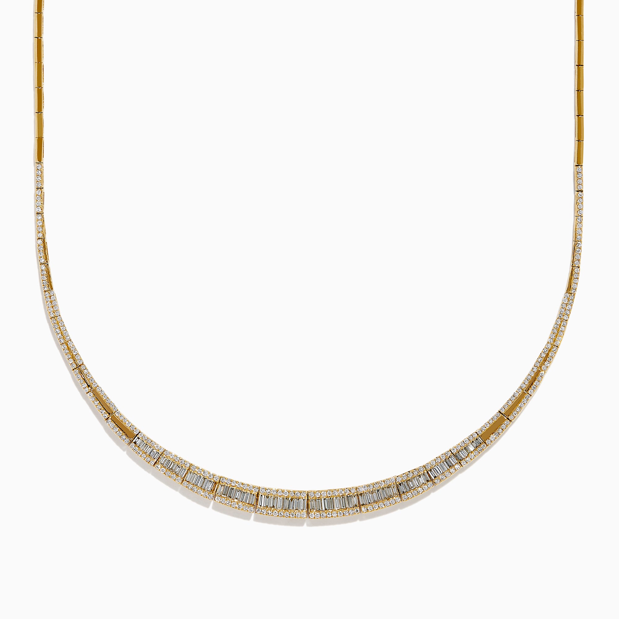 The 14K Yellow Gold Diamond Graduating Collar Necklace features a stunning curved design with alternating rectangular diamond segments and polished gold, showcased elegantly on a white background.