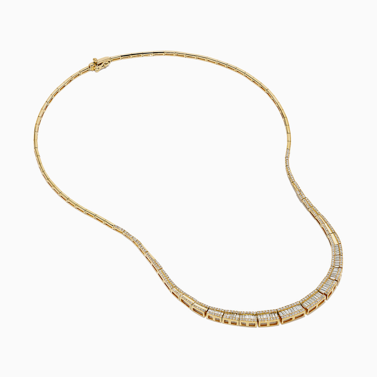 The 14K Yellow Gold Diamond Graduating Collar Necklace features a stunning curved design with alternating rectangular diamond segments and polished gold, showcased elegantly on a white background.