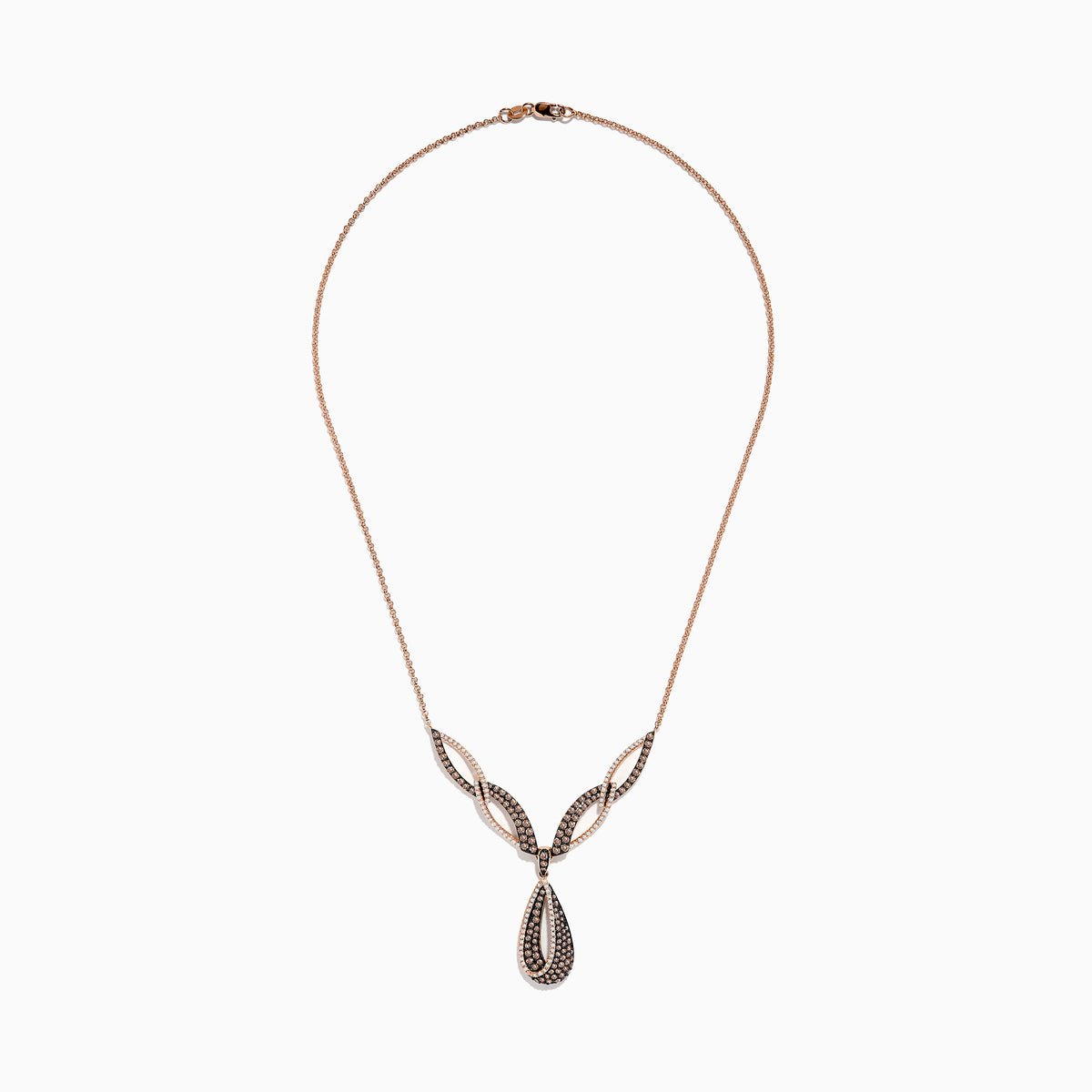 The 14K Rose Gold Espresso and White Diamond Drop Necklace features an intricate design with black and gold sections, encrusted with espresso diamonds, and a striking teardrop-shaped pendant at the center.