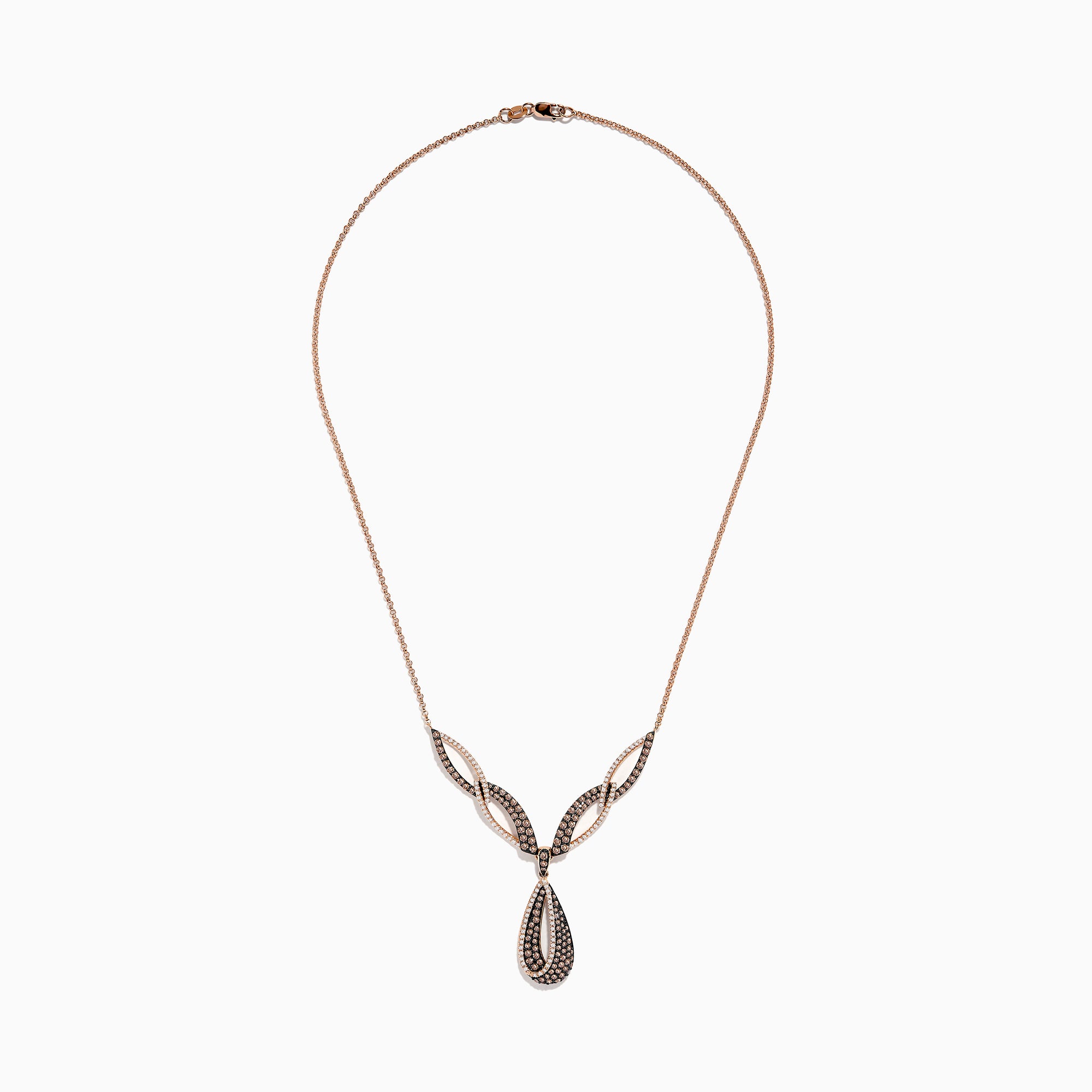 The 14K Rose Gold Espresso and White Diamond Drop Necklace features an intricate design with black and gold sections, encrusted with espresso diamonds, and a striking teardrop-shaped pendant at the center.