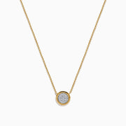 The DOro 14K Yellow Gold Diamond Necklace features a delicate gold chain and a round pendant with a cluster of sparkling diamonds at the center.