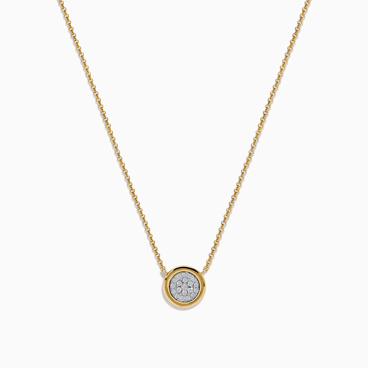 The DOro 14K Yellow Gold Diamond Necklace features a delicate gold chain and a round pendant with a cluster of sparkling diamonds at the center.