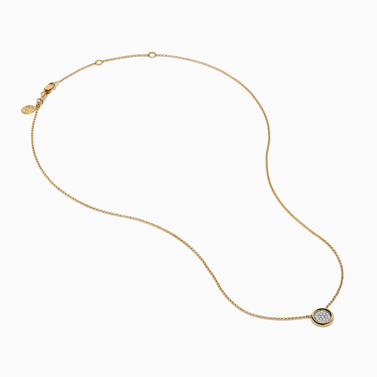 The DOro 14K Yellow Gold Diamond Necklace features a delicate gold chain and a round pendant with a cluster of sparkling diamonds at the center.