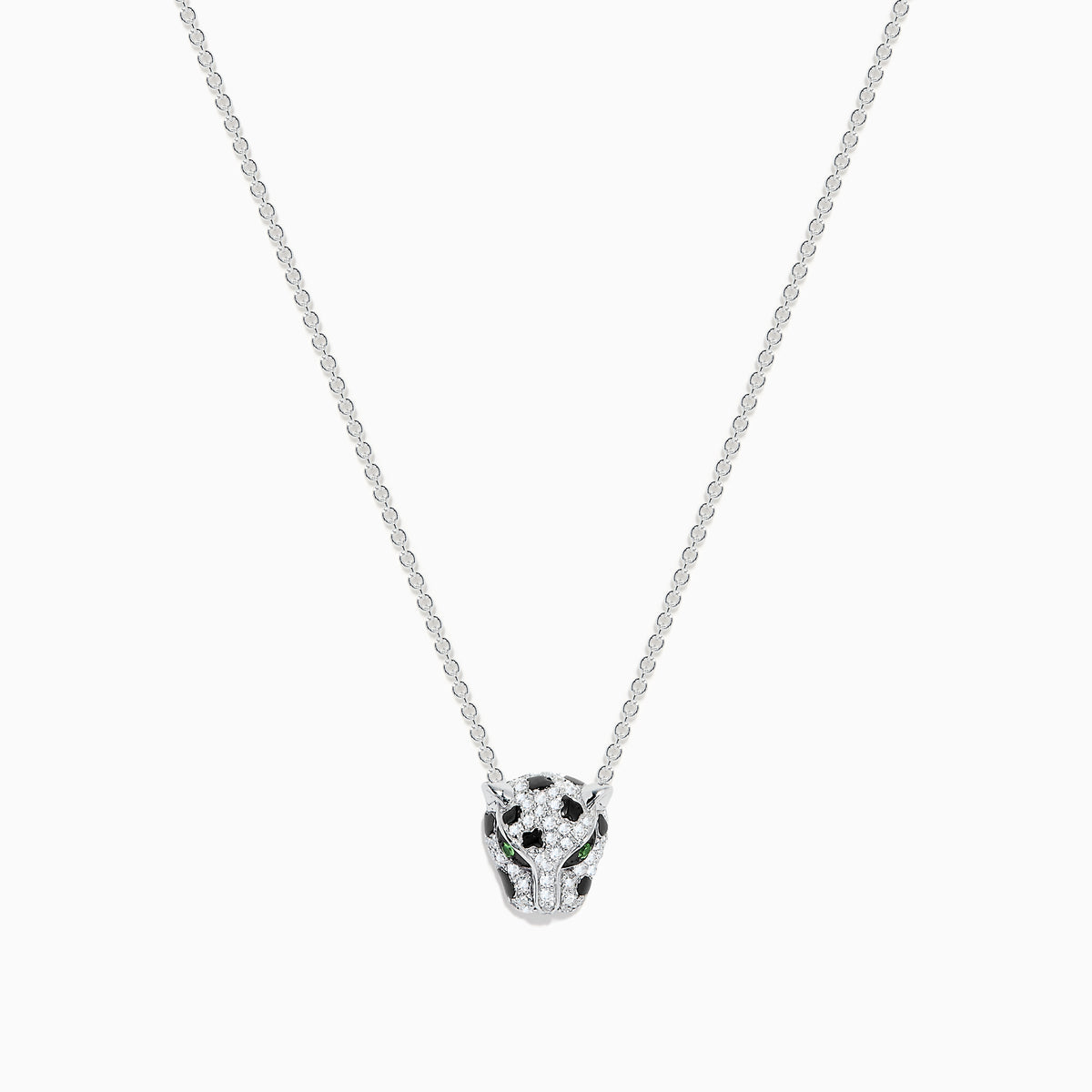 The Signature 14K White Gold Diamond and Tsavorite Panther Necklace features a panthers head pendant with sparkling diamonds and vivid tsavorite eyes—a striking, elegant accessory.