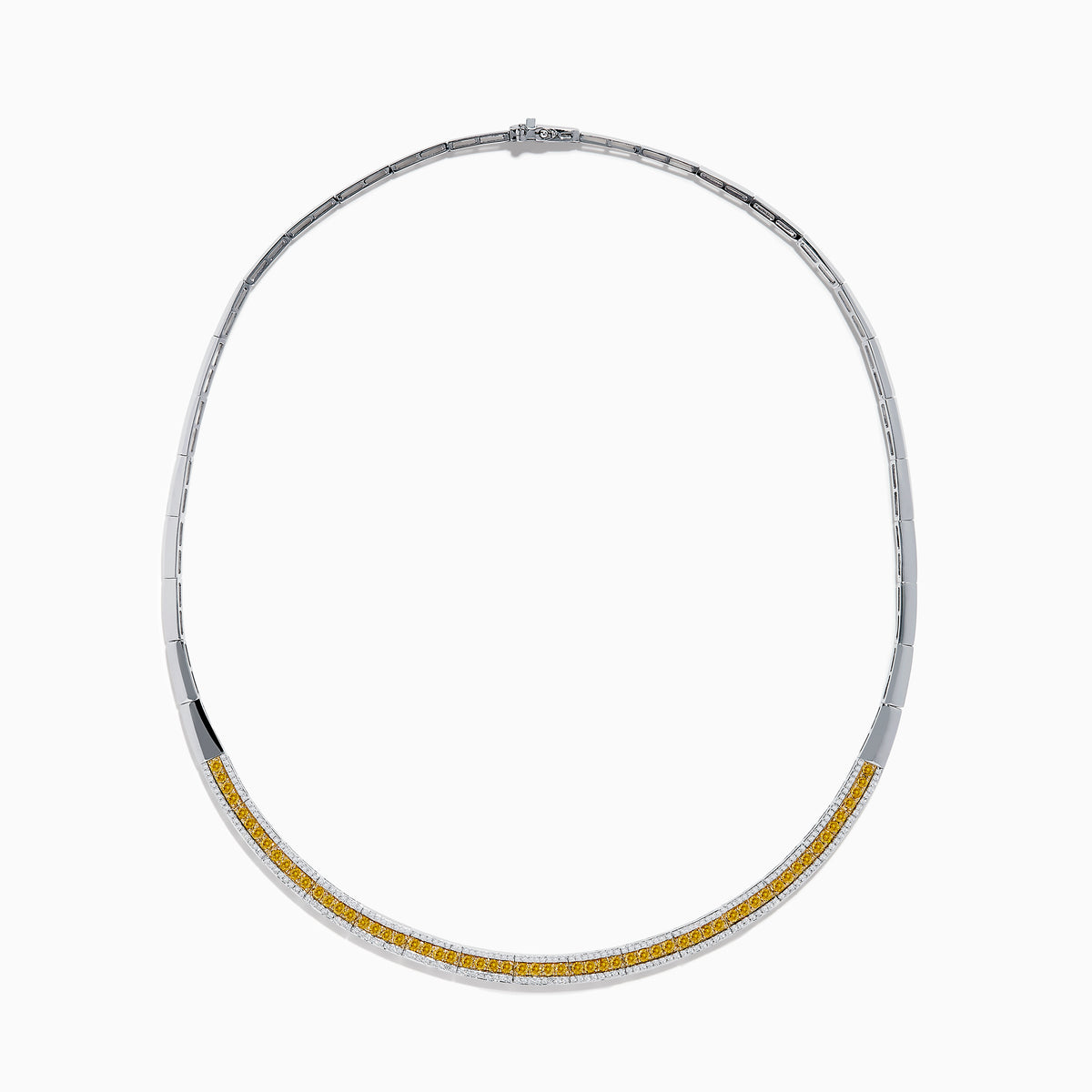 The Canare 14K Two Tone Gold White and Yellow Diamond Necklace features a sleek, curved design accented with a row of sparkling yellow diamonds bordered by slim gold edges.