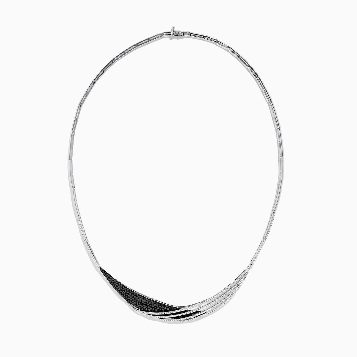 The 14K White Gold Black and White Diamond Necklace features an asymmetrical, sweeping design with textured sections set with small black diamonds.