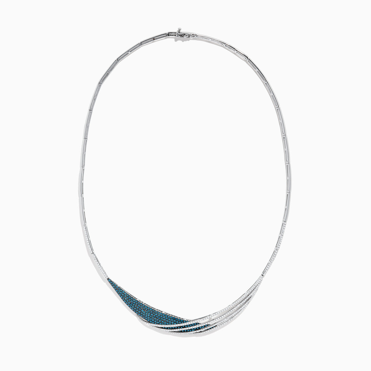 The Bella Bleu 14K White Gold Blue and White Diamond Necklace features a curved, multi-strand design with a section adorned with blue and white diamonds for extra elegance.