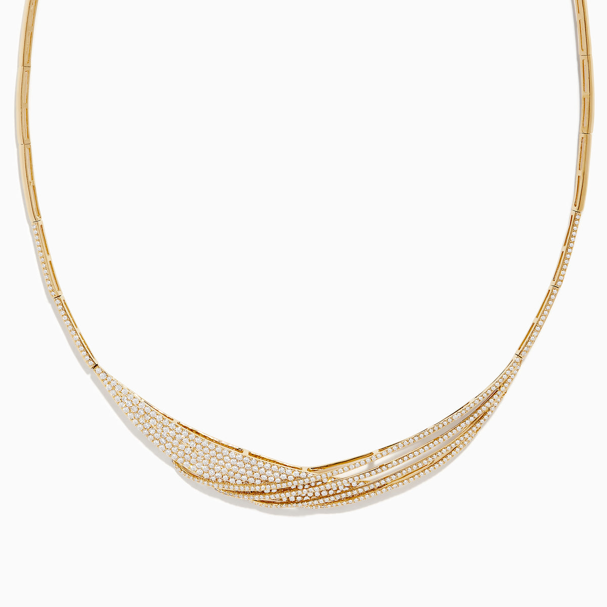 The Doro 14K Yellow Gold Diamond Statement Collar Necklace 2.75 TCW showcases an elegant, layered design with rows of sparkling diamonds on yellow gold, forming a gentle center curve for a luxurious look.