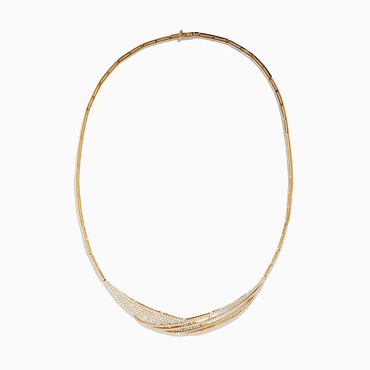 The Doro 14K Yellow Gold Diamond Statement Collar Necklace 2.75 TCW showcases an elegant, layered design with rows of sparkling diamonds on yellow gold, forming a gentle center curve for a luxurious look.