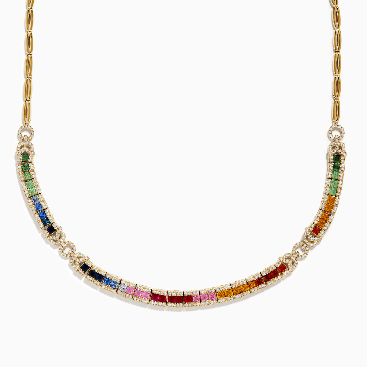 The Watercolors 14K Yellow Gold Multi Sapphire and Diamond Necklace features a curved row of vibrant square sapphires bordered by sparkling diamonds.