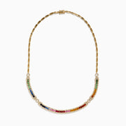 The Watercolors 14K Yellow Gold Multi Sapphire and Diamond Necklace features a curved row of vibrant square sapphires bordered by sparkling diamonds.