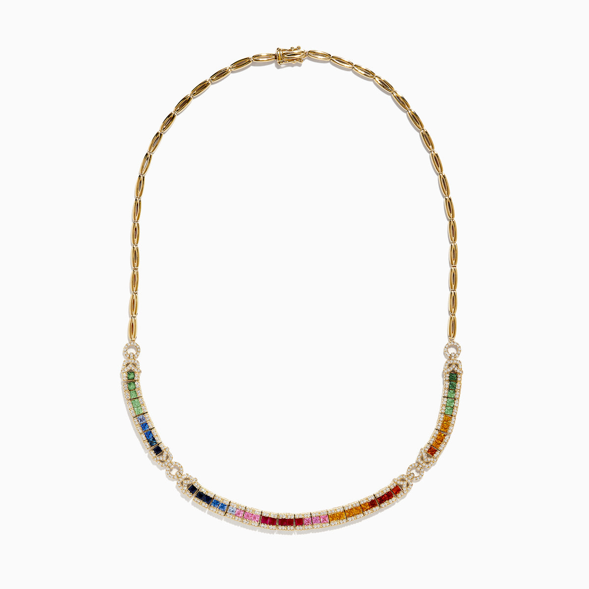 The Watercolors 14K Yellow Gold Multi Sapphire and Diamond Necklace features a curved row of vibrant square sapphires bordered by sparkling diamonds.