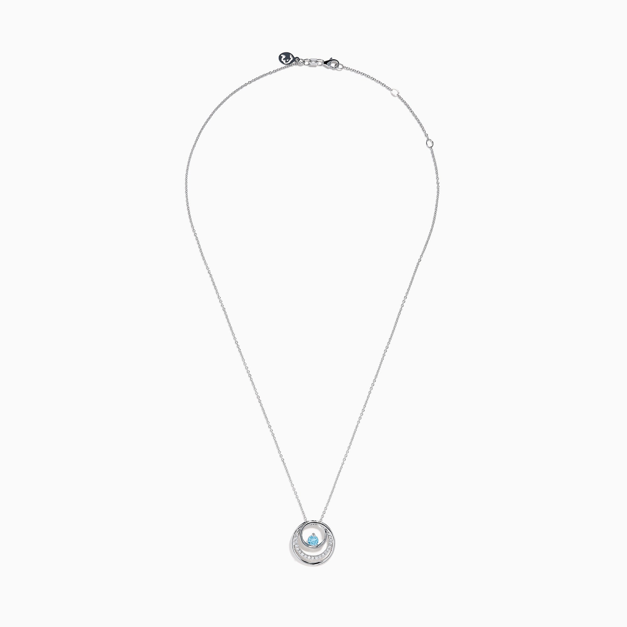 The Lab Grown Blue and White Diamond Circle Pendant in 14K White Gold features a circular pendant with clear and blue stones, displayed on a plain white background.