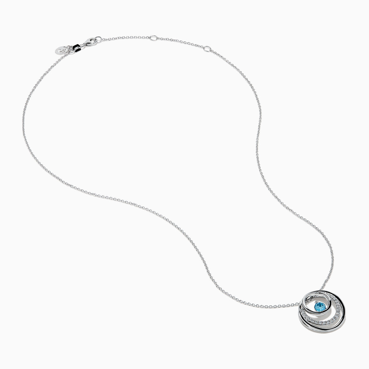 The Lab Grown Blue and White Diamond Circle Pendant in 14K White Gold features a circular pendant with clear and blue stones, displayed on a plain white background.