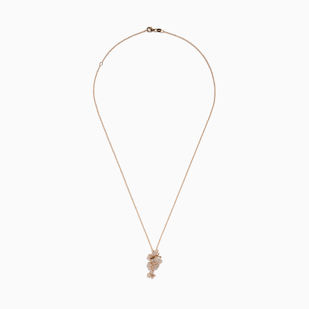 The Pave Rose 14K Rose Gold Diamond Multi Butterfly Pendant features a rose gold chain with a butterfly pendant adorned with sparkling white diamonds in a cascading design, set against a plain white background.